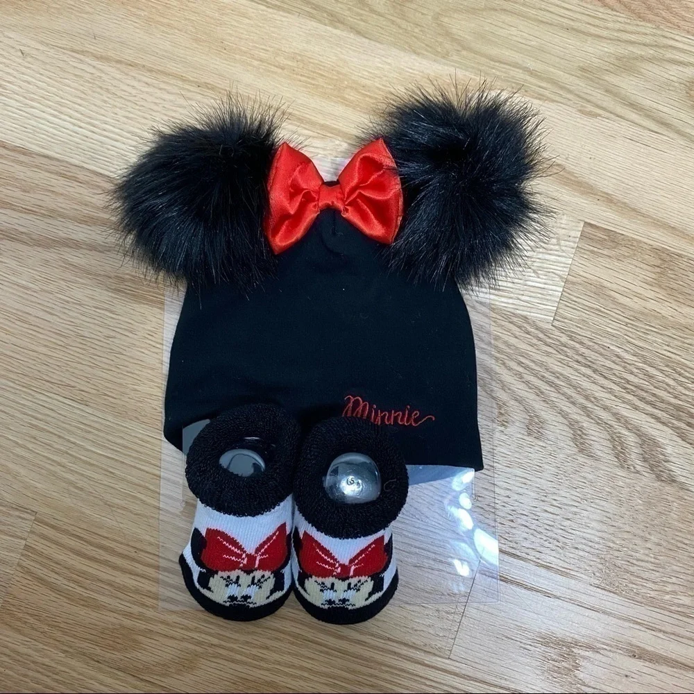 Minnie Mouse Fuzzy Ear Hat & Sock Booties NEW Baby Disney Black Red Bow